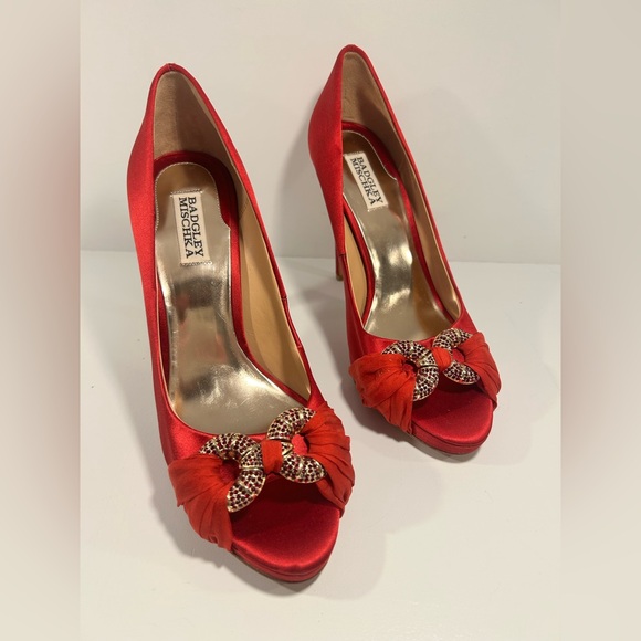 Badgley Mischka Red Satin Crystal Bow Peep Toe Stiletto Heels Size 10 - Picture 8 of 15